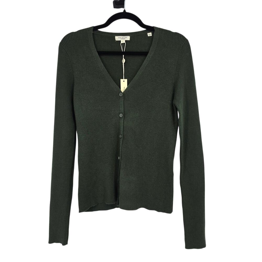 NWT Max Studio Dark Green Fine Rib Knit Lightweight V-Neck Cardigan Size Large